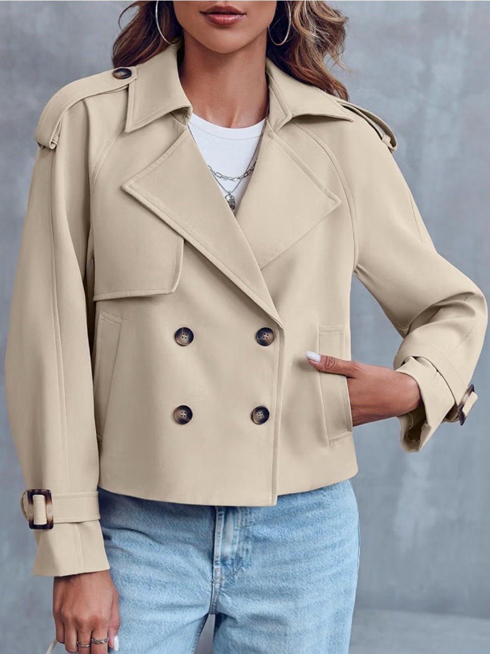Women Crop Double Breasted Trench Coat Size Medium Light Khaki